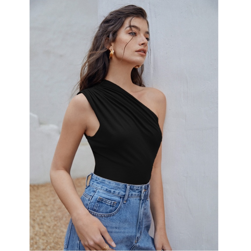 Ruched One Shoulder Black Bodysuit - Picture 5 of 7